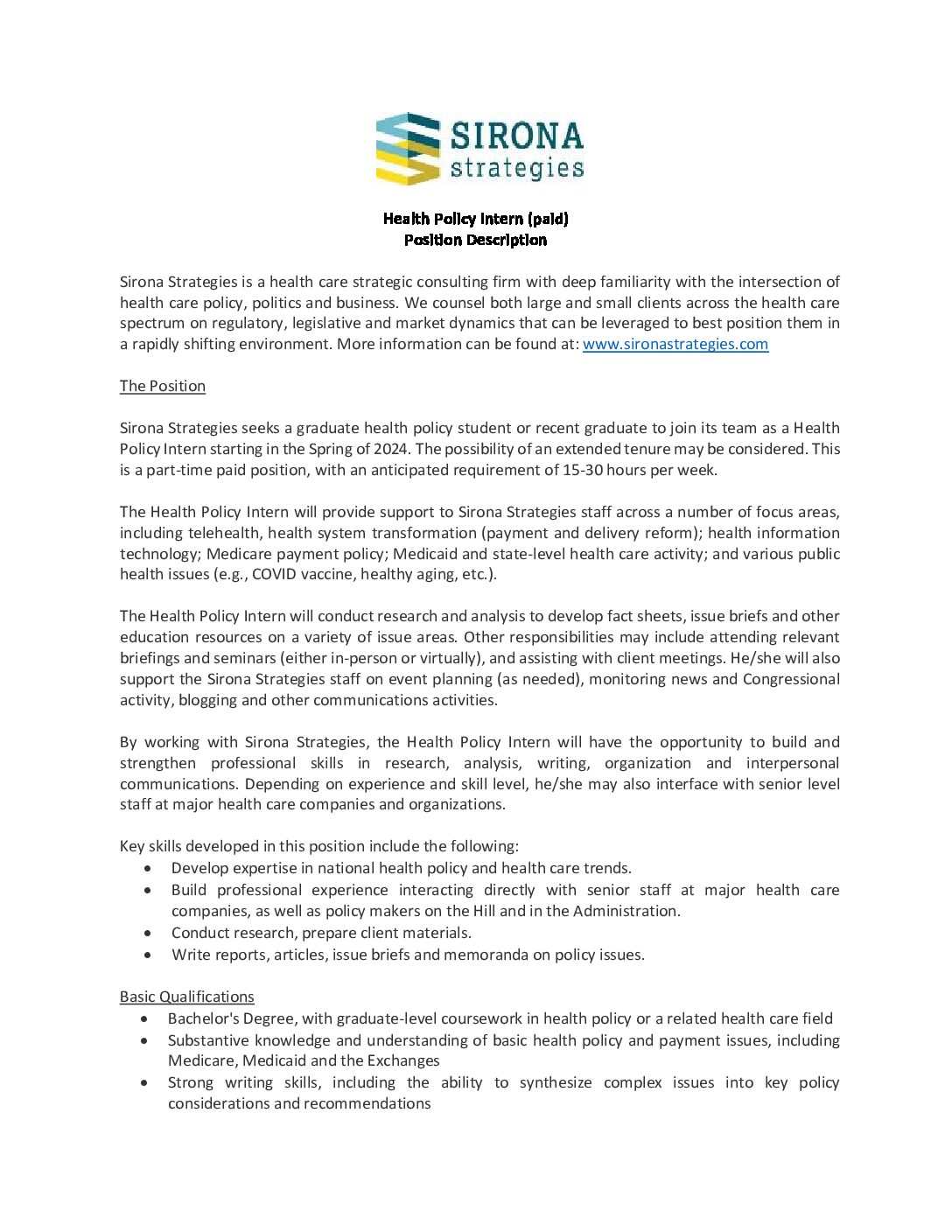 Position Description - Health Policy Intern - Sirona Strategies